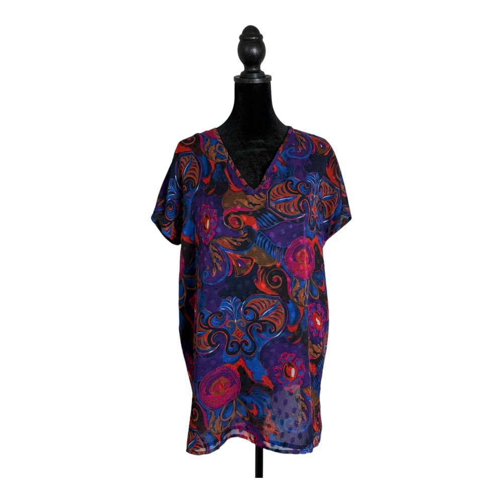 Diane Freis Vintage 80s‎ Blouse Colorful Floral Abstract Tunic Top Size M Artsy